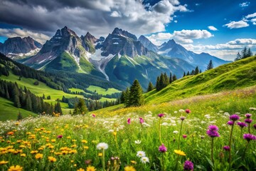 Majestic Mountain Meadow Landscape: Serene Green Valley Panorama, Breathtaking Alpine Scenery, Picturesque Hiking Trail, Summer Nature Photography