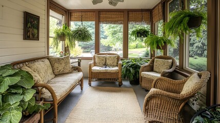 Fototapeta premium A relaxing sunroom with rattan furniture, hanging plants, and a jute area rug.