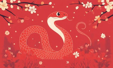 Obraz premium Cute Chinese New Year snake banner template with text 2025 and space for your message. Greeting card template for party decoration. Illustration of the Year of the Snake.
