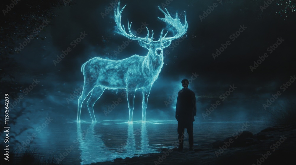 Poster a lone figure gazes at a glowing ethereal stag in a misty forest. the serene and mystical atmosphere