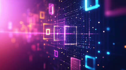 Obraz premium Abstract representation of a data center with glowing lights and network connections. Abstract Digital Space with Glowing Cubes