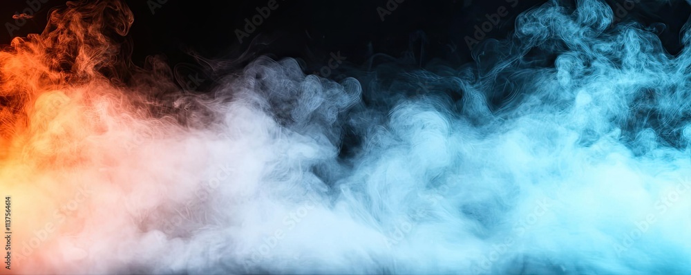 Poster mysterious fog concept. dynamic colorful smoke pattern with gradients of blue and orange hues on a d