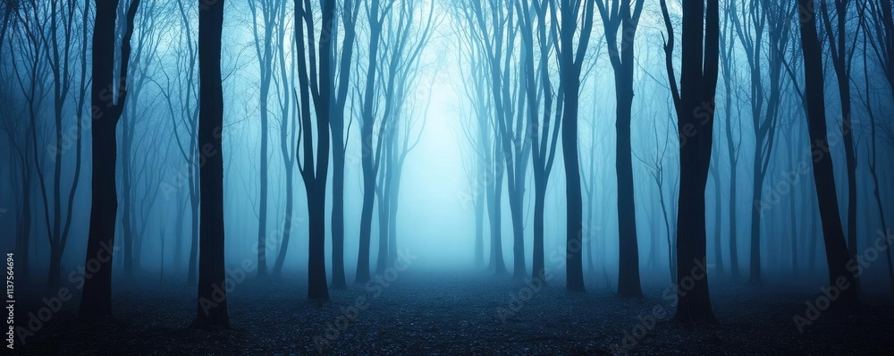 Poster mysterious fog concept. misty forest with towering trees creates an atmospheric and mysterious scene