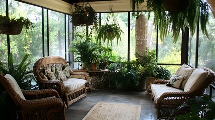 Fototapeta premium A relaxing sunroom with rattan furniture, hanging plants, and a jute area rug.