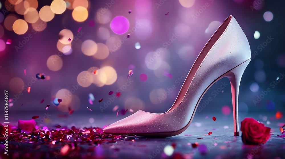 Poster captivating close up of luxurious white high heel stilettos in a vibrant and moody setting with colo