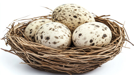 Obraz premium Bird nest with speckled eggs isolated on white background