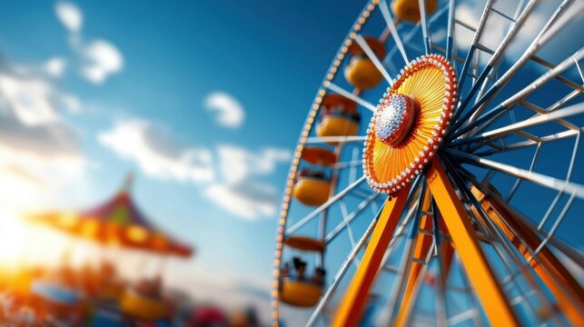 Colorful Ferris Wheel Spinning Against Dramatic Sunset Sky with Fluffy Clouds in Vibrant Amusement Park Capturing the Excitement and Joy of Leisure and Adventure - Powered by Adobe