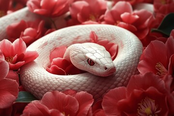 Fototapeta premium 2025 new yaer, white snake surrounded with red camellias