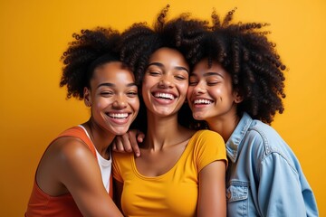 Three Joyful Women with Natural Hair Smiling Together on a Bright Yellow Background, Perfect for Diversity and Friendship Campaigns
