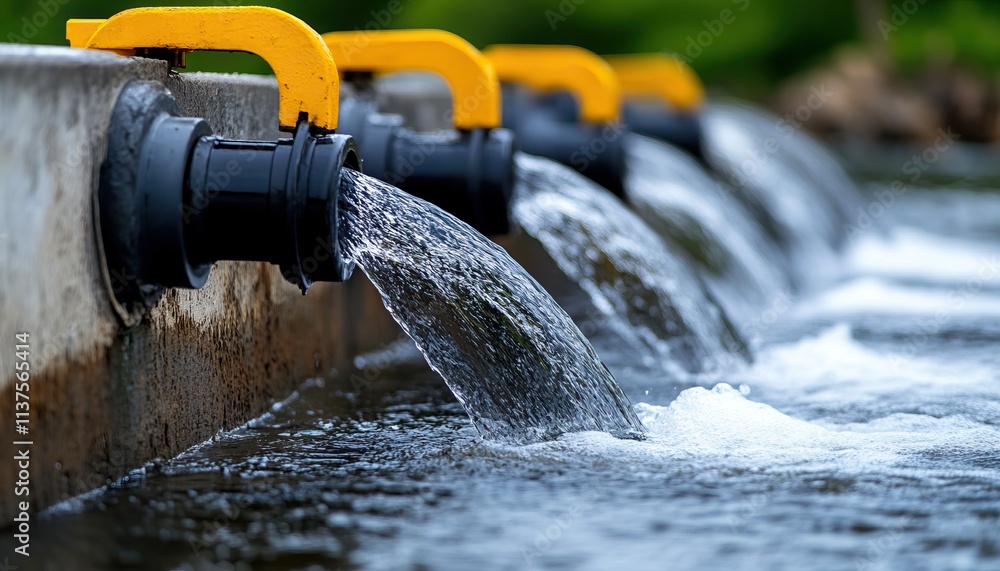 Poster water flows through pipes with yellow handles, showcasing a dynamic scene of fluid motion and infras