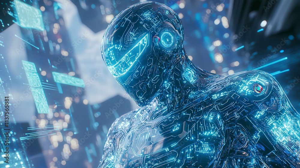 Poster futuristic humanoid machine displaying advanced technology urban environment digital art neon lights
