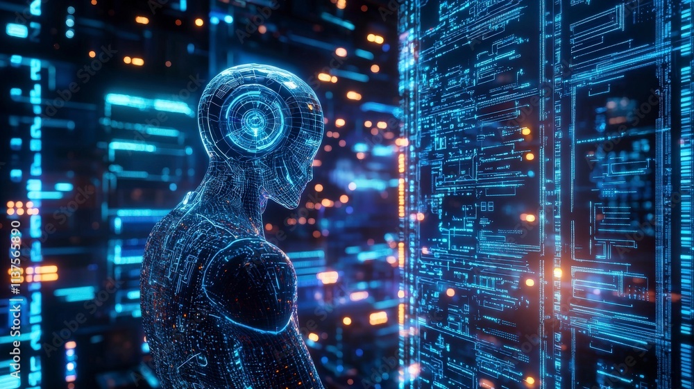 Poster futuristic humanoid machine analyzing data virtual city digital art neon environment side view techn