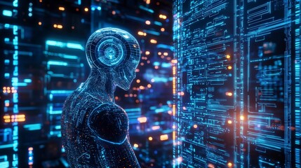 Futuristic humanoid machine analyzing data virtual city digital art neon environment side view technology concept
