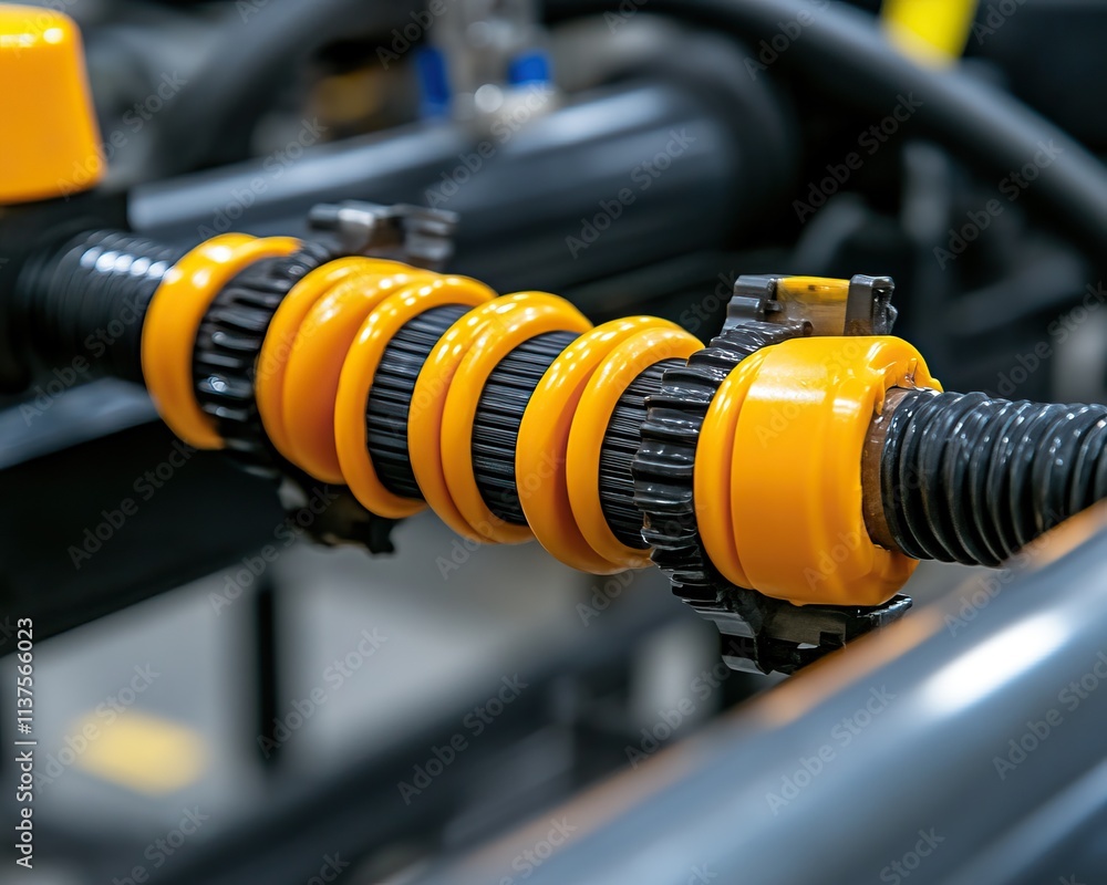 Poster a close-up view of a mechanical assembly featuring yellow components on black hoses, showcasing intr