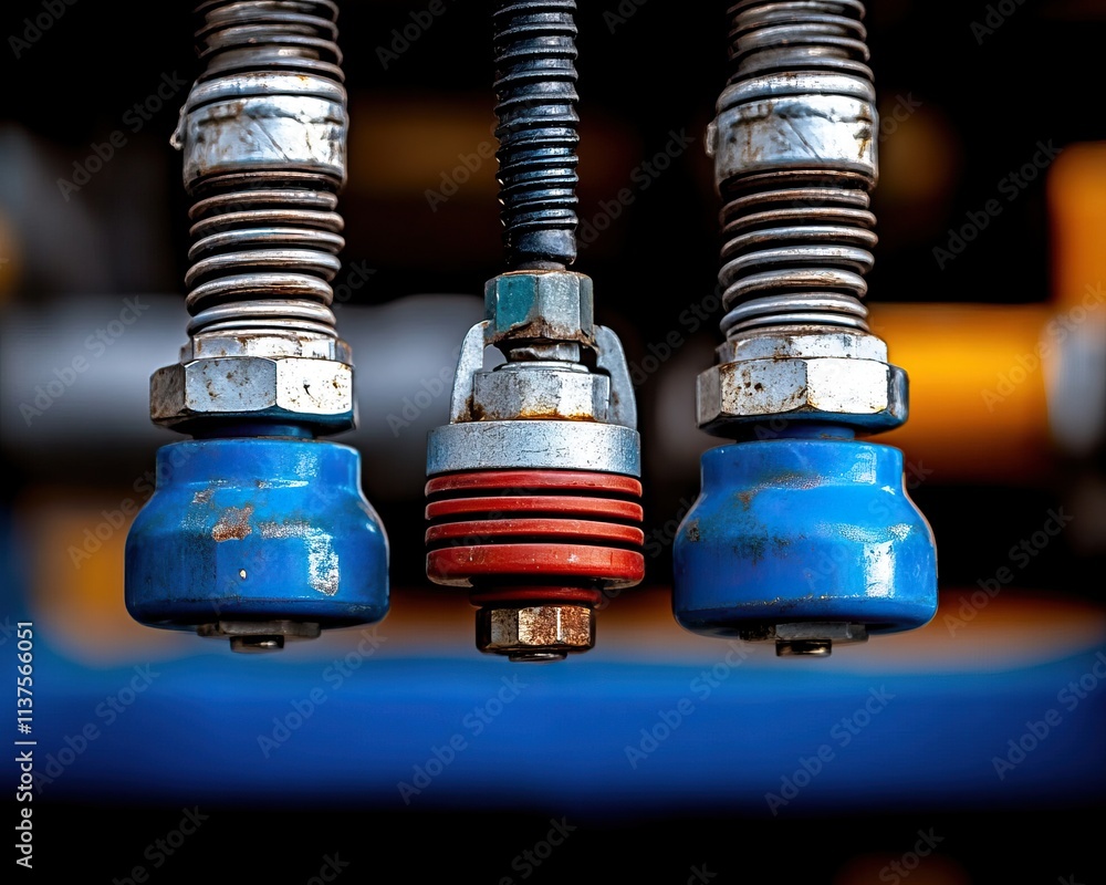 Poster close-up of mechanical connectors with metallic threads and colored components, showcasing intricate