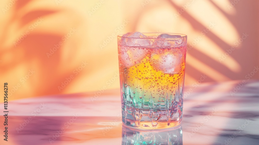 Poster Refreshing Colorful Beverage with Ice on Marble Surface
