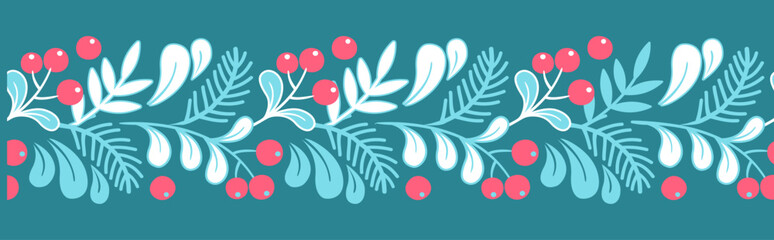 Christmas vignette decoration. Horizontal seamless pattern with mistletoe leaves, Christmas tree branches and red berries
