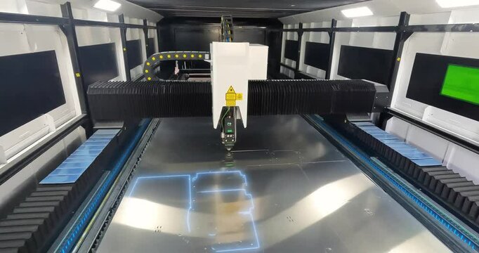 Laser cutter at the factory, visualization of the process. Visualization of a metal part on a laser cutter.