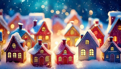 雪の村、冬の風景、温かい家の光、雪化粧の屋根、クリスマスの街、幻想的な夜、輝く窓、雪降る町並み、ホリデーシーズン、暖かな灯り、雪景色、冬の小さな家、光と雪、ロマンチックな冬、夢幻の村