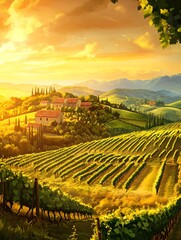 Fototapeta premium A picturesque vineyard with rows of grapevines, a rustic farmhouse, and rolling hills under a golden sunset.