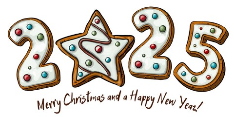 Text 2025 in gingerbread style with multi-colored icing. New Year, sweet, dessert or winter holiday theme.