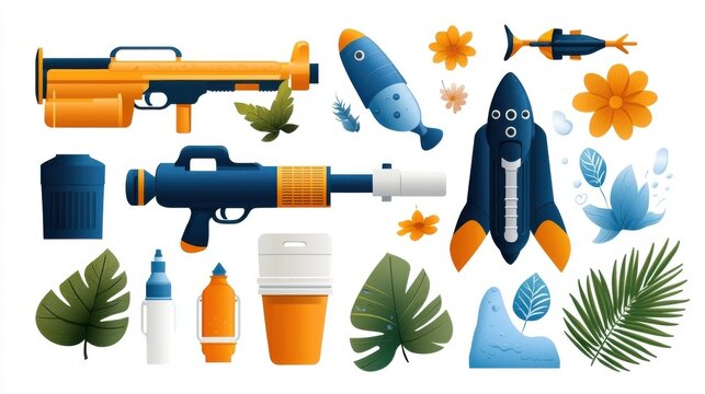Vibrant featuring a mix of futuristic sci fi inspired weapons blasters and tropical nature elements like plants flowers and leaves in a creative conceptual design