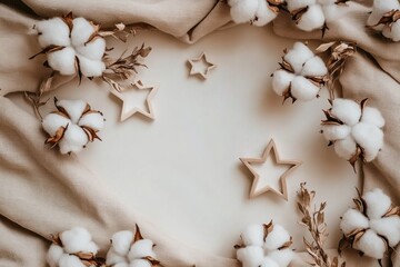 Beige Fabric and Cotton Flowers Flat Lay