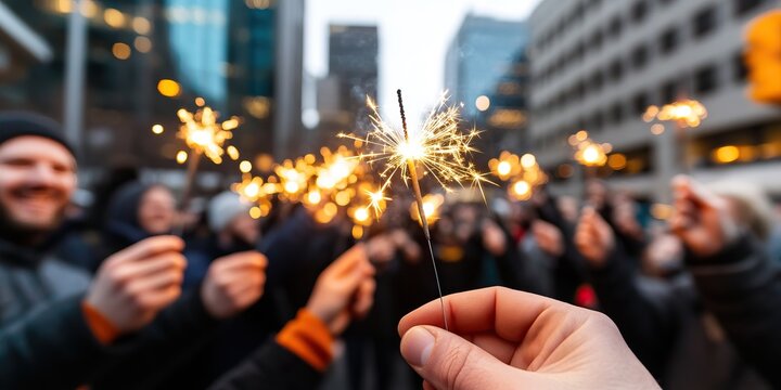 A festive gathering where people hold sparklers, celebrating joyfully amidst an urban setting, illuminated by twinkling lights.