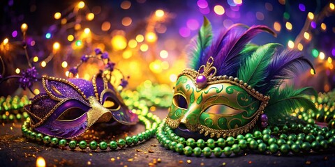 Mardi Gras Background: Festive Purple, Green, Gold Feathers, Masks, Beads, and Lights