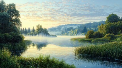 Fototapeta premium Misty dawn reflection tranquil lake landscape photography serene environment water view soft colors of nature