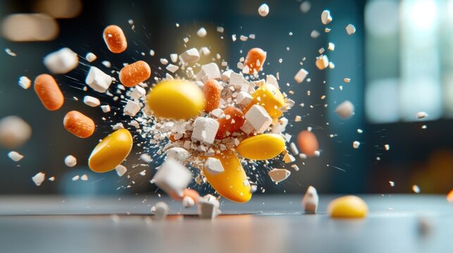 A high impact dynamic explosion of vibrant shattered fragments and debris in an composed scene  The image captures the powerful force and energy of the moment