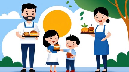 Fototapeta premium A joyful scene of a family including parents and their two children savoring a homemade meal outdoors in their backyard garden setting They are all smiling and laughing creating a warm