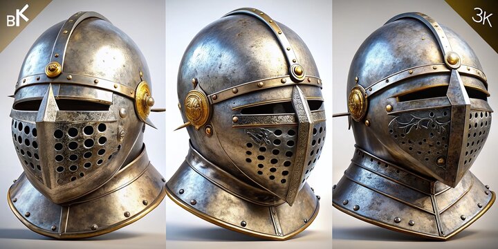 Medieval Knight Helmet Variations:  Isolated White Background Images,  3D Render,  High Resolution,  Fantasy Armor,  Game Asset