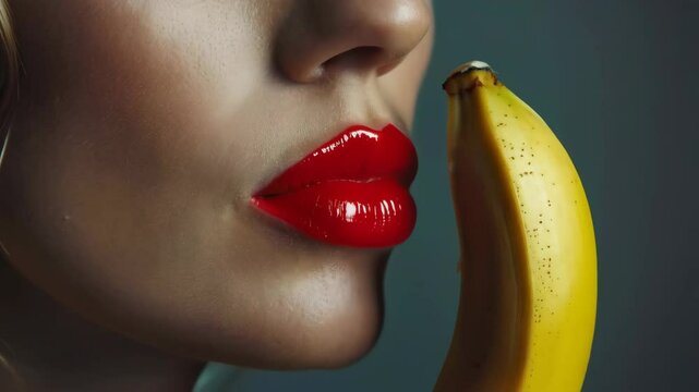 Female mouth with red lips eating yellow banana on grey background
