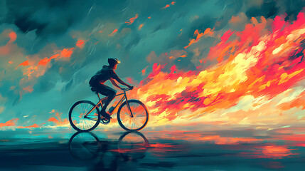 Silhouette of cyclist riding with vibrant colorful sky, illustration design.