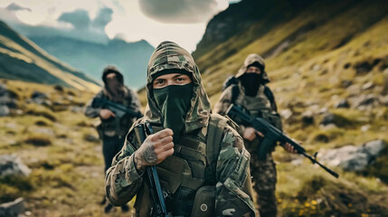 Group of masked individuals in camouflage clothing standing in rugged terrain with weapons, symbolizing resistance and rebellion, strong determined expressions.