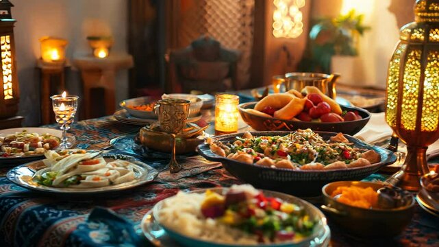 Lanterns placed on a beautifully set dining table, surrounded by traditional dishes, creating a festive atmosphere for Iftar during Ramadan