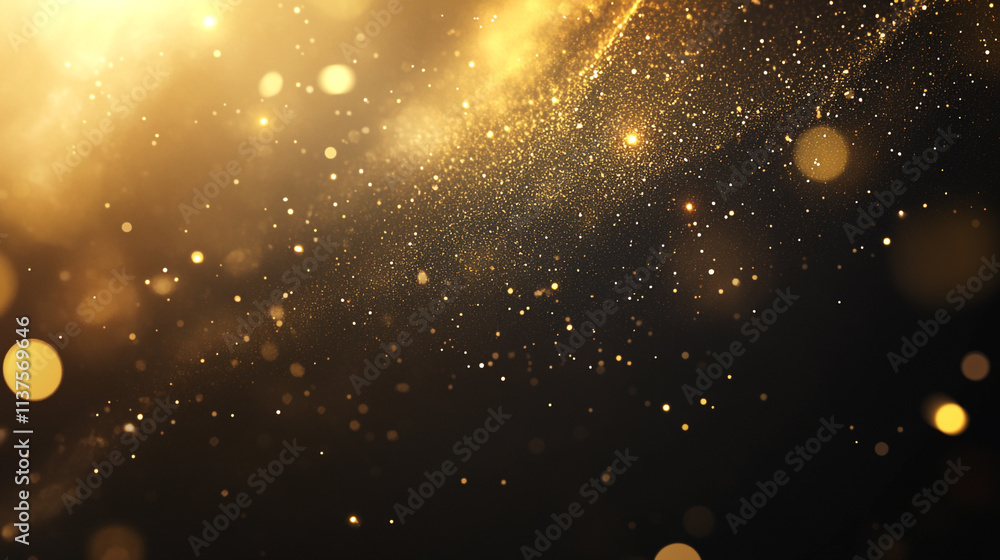Poster festive golden confetti swirling in midair, creating a blurred and dynamic effect against a dark bac