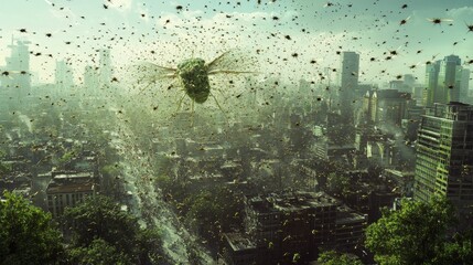 Obraz premium Giant insect swarms over ruined city.