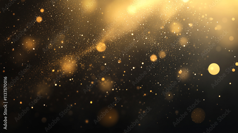 Poster festive golden confetti swirling in midair, creating a blurred and dynamic effect against a dark bac