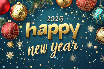 Festive New Year celebration scene, large golden "2025" and "happy new year" in bold text