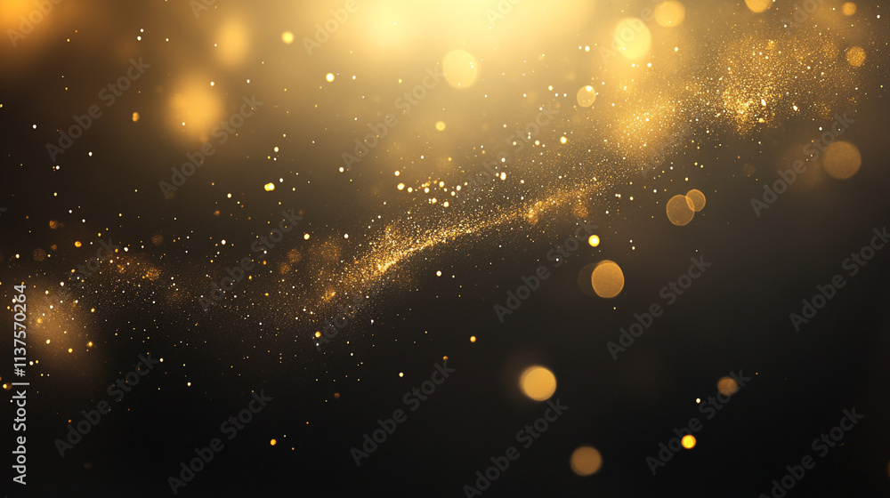 Poster festive golden confetti swirling in midair, creating a blurred and dynamic effect against a dark bac