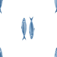 Sardine fish in seamless pattern swimming up and down in stylized watercolor illustration on a transparent background for the holiday sardine funeral,fish restaurants,posters,fish markets and stores