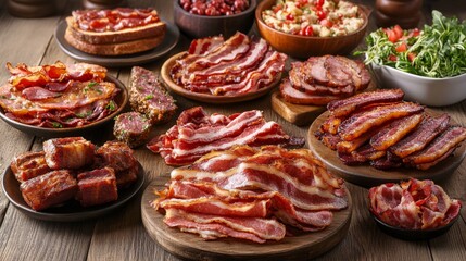 Obraz premium Assorted Cured Meats on Wooden Table with Fresh Ingredients Display