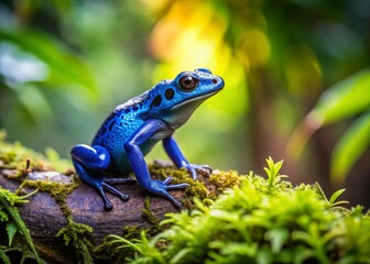 Naklejka premium Miniature Rainforest: Tilt-Shift Poison Dart Frog Photography - Vibrant Blue Amphibian