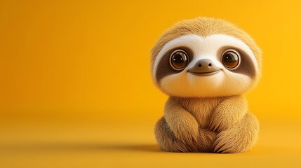 Obraz premium A cute cartoon sloth with big brown eyes sits on a yellow background.