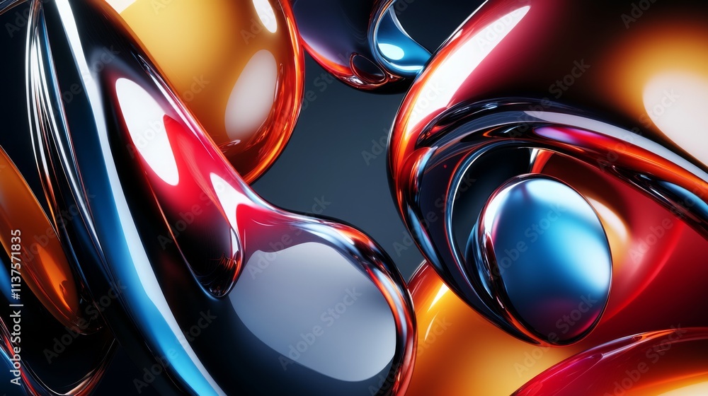 Poster colorful abstract shapes with smooth curves and reflective surfaces