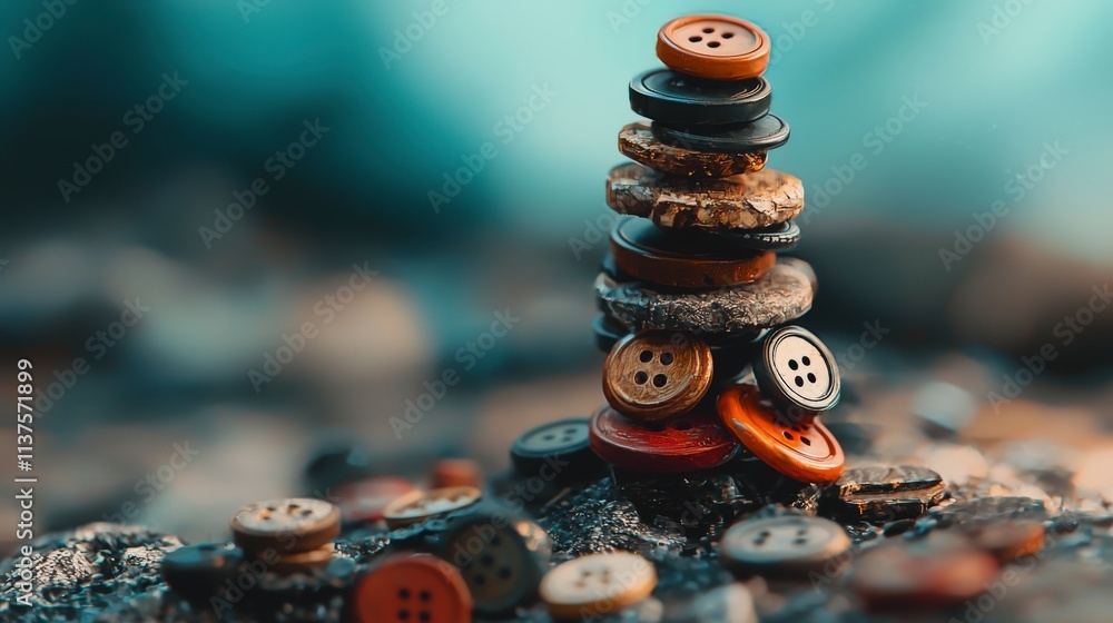Poster artistic tower of colorful buttons stacked creatively outdoors setting photography close-up view uni