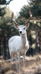 A majestic white deer with perfect antlers, and with beautiful views of the pine forest