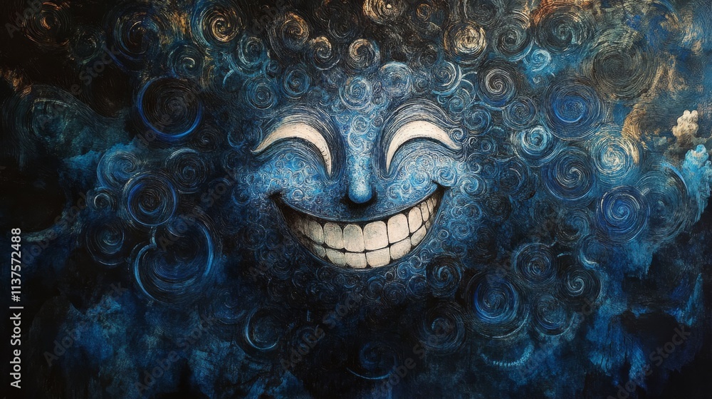 Poster a surreal, whimsical smiling face emerging from a swirling blue cloud, creating an artistic and drea